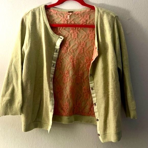 Free people xs like green angora and pink lace sweater cardigan academia - Picture 6 of 8